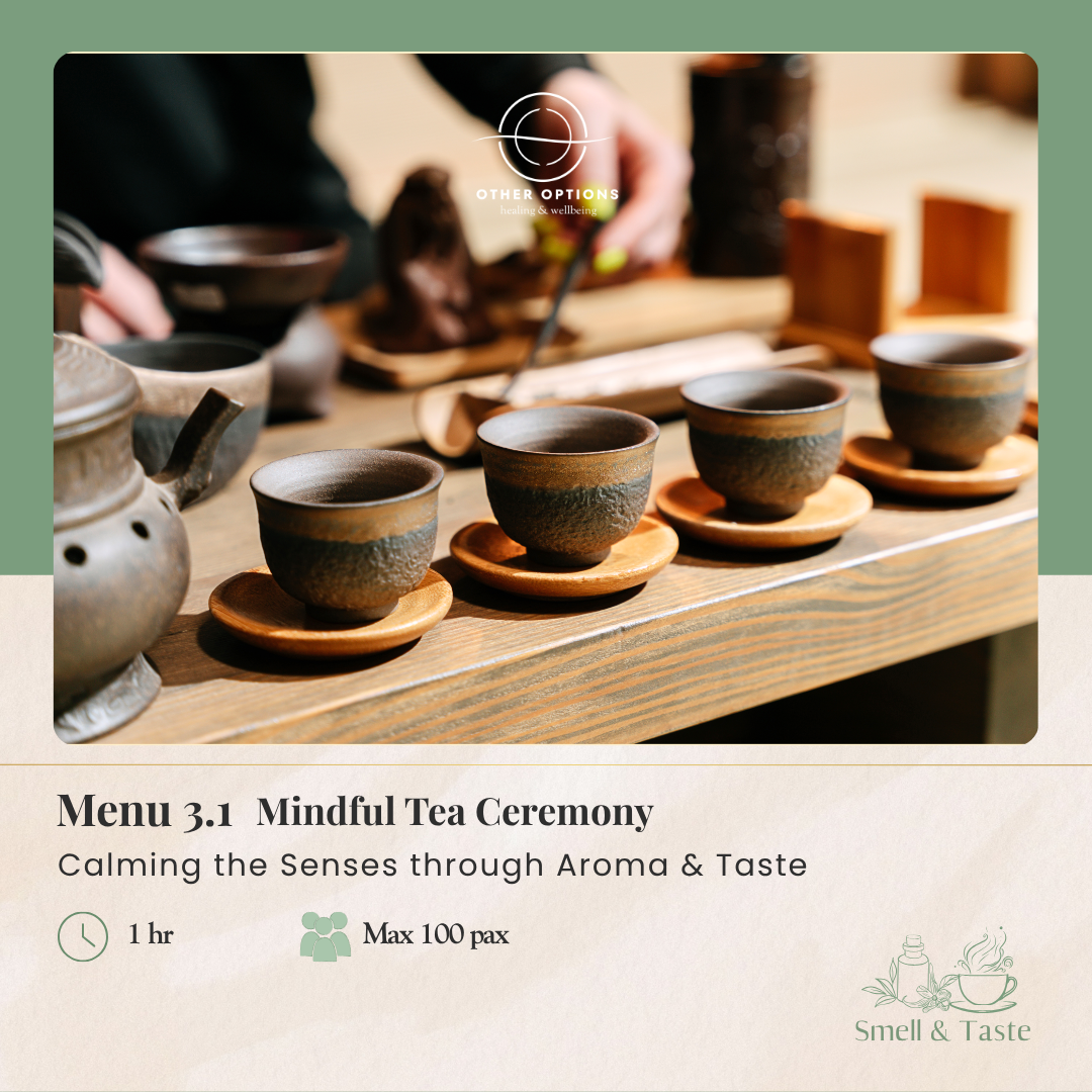 Mindful tea ceremony for corporate wellness in Singapore
Guided premium tea tasting and sensory wellness experience
Corporate mindful tea ceremony with traditional Chinese tea
Tea and aroma wellness experience for corporate teams